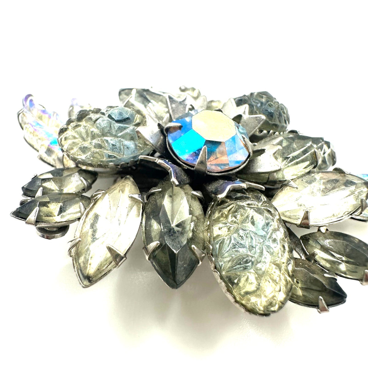 Judy Lee vintage silver tone clear gray molded glass AB rhinestones brooch