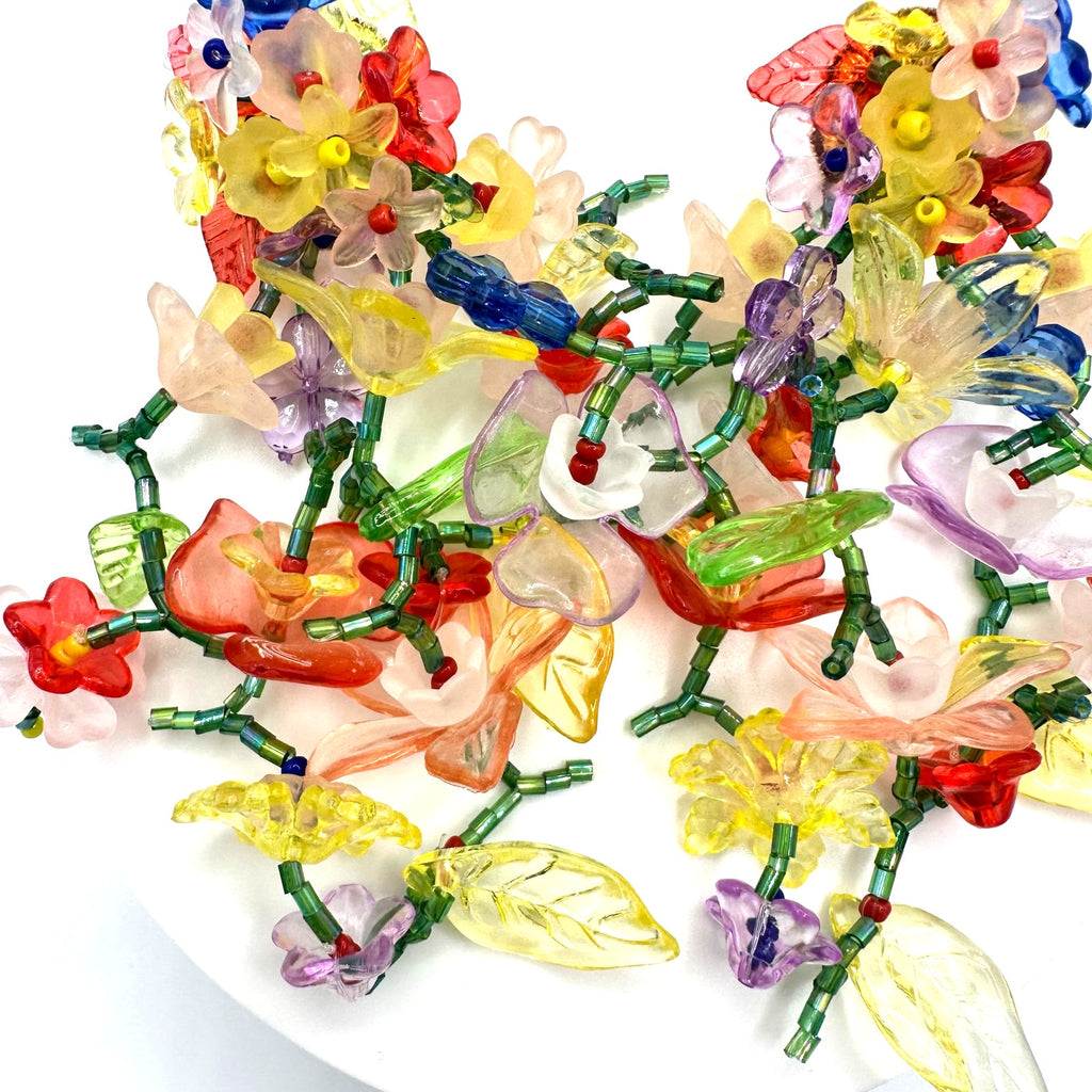 Multicolor plastic floral flowers beaded dangle 4" drop post statement earrings