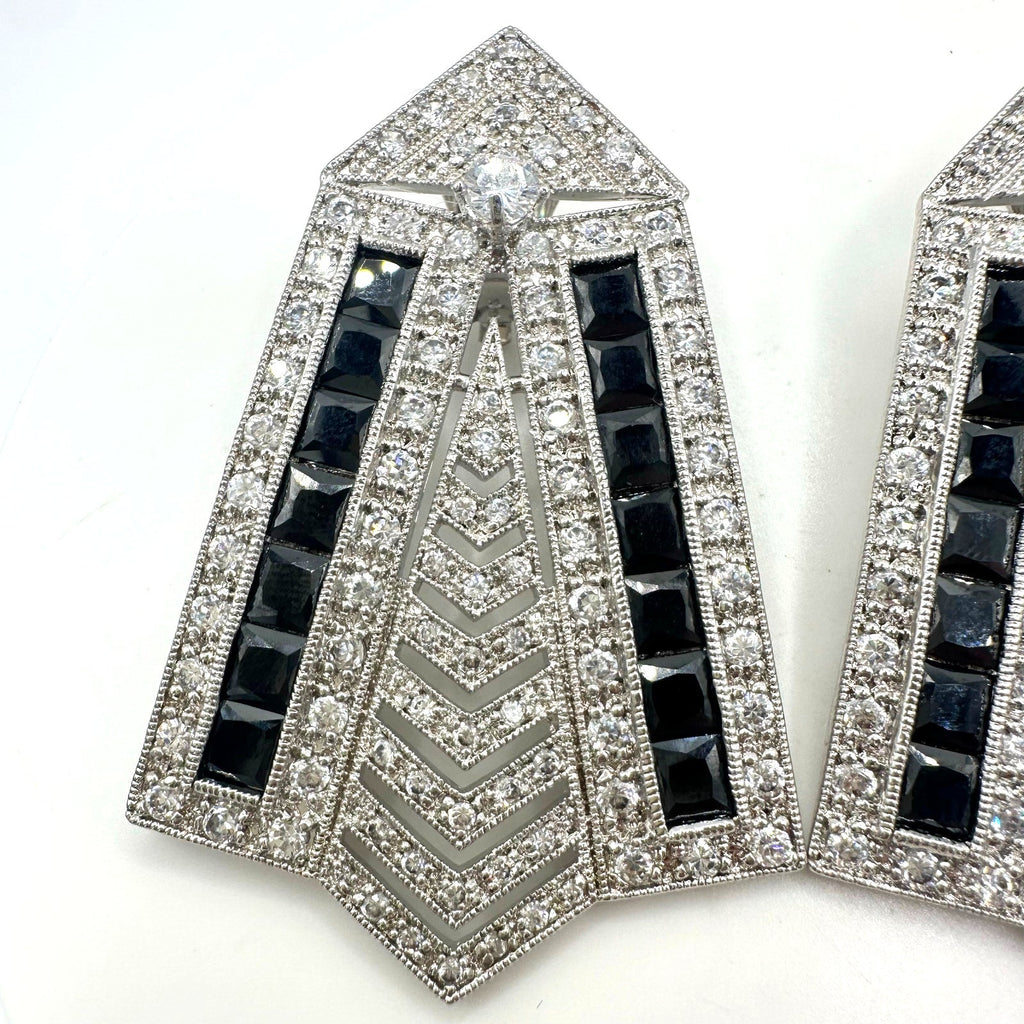 Real Collectibles by Adrienne Art Deco Revival silver black CZ clip on earrings