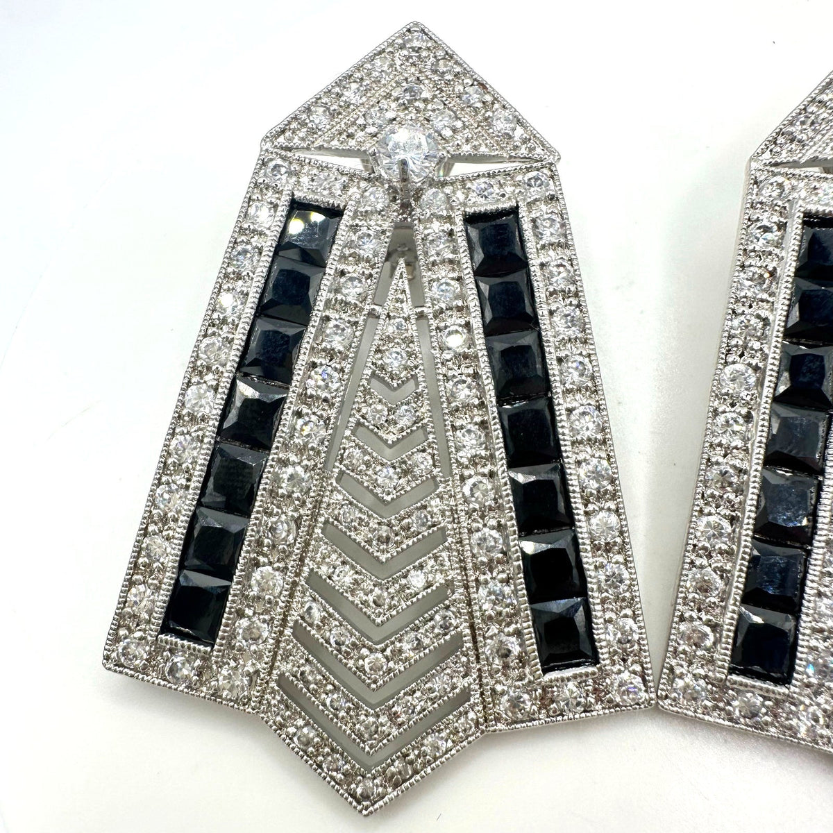 Real Collectibles by Adrienne Art Deco Revival silver black CZ clip on earrings