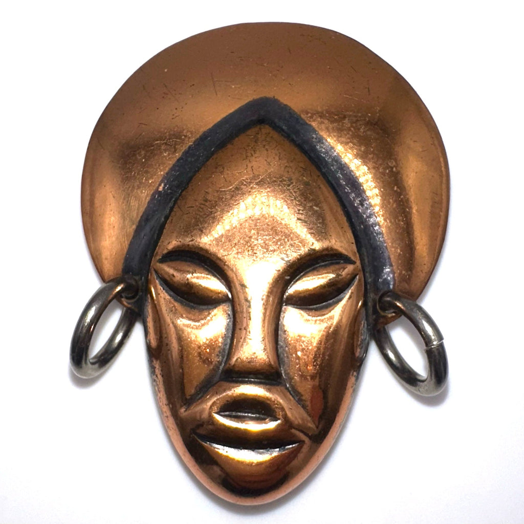 Vintage Elzac style solid copper gold silver tone tribal face figural brooch