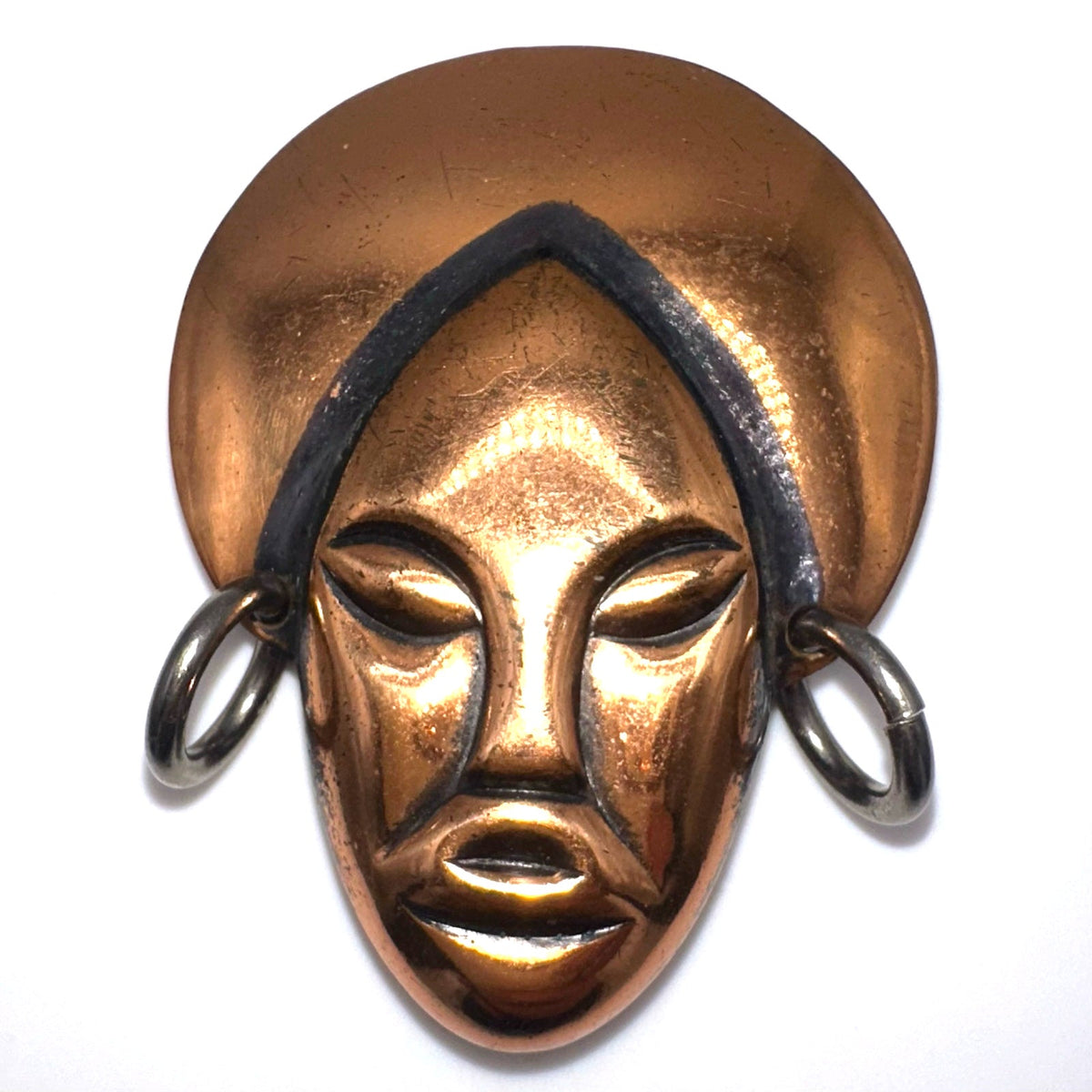 Vintage Elzac style solid copper gold silver tone tribal face figural brooch