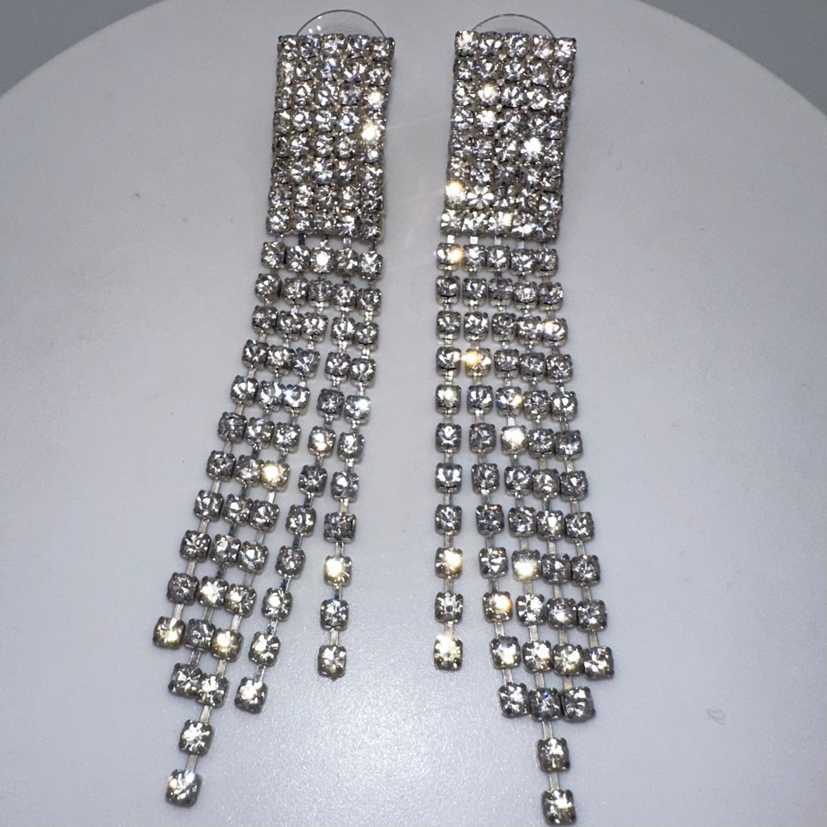 Silver tone clear rhinestones multi 5 strands fringe drop post earrings