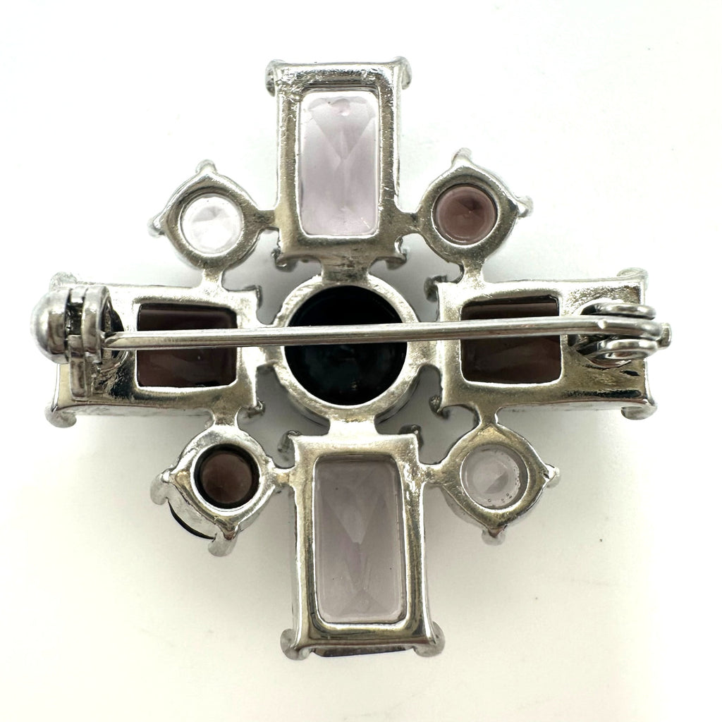 Vintage silver tone rhodium plated purple rhinestones Maltese cross brooch