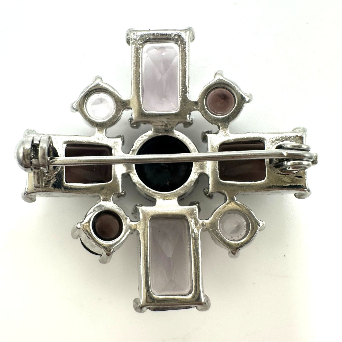 Vintage silver tone rhodium plated purple rhinestones Maltese cross brooch