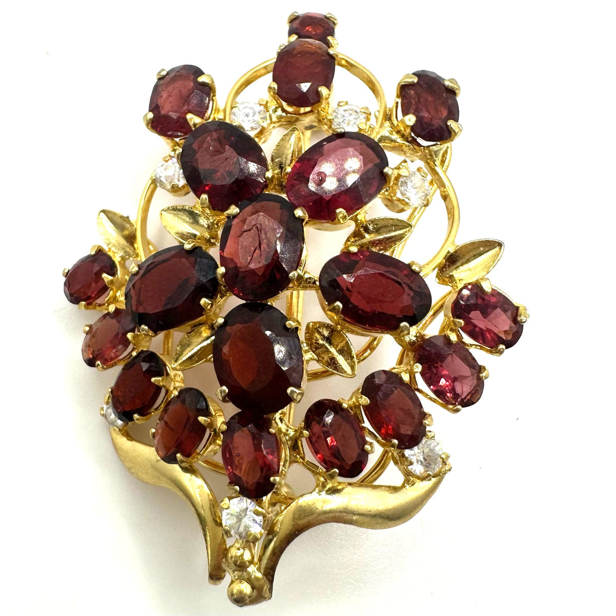 Gold plated real genuine red maroon garnets clear cubic zirconia CZ brooch