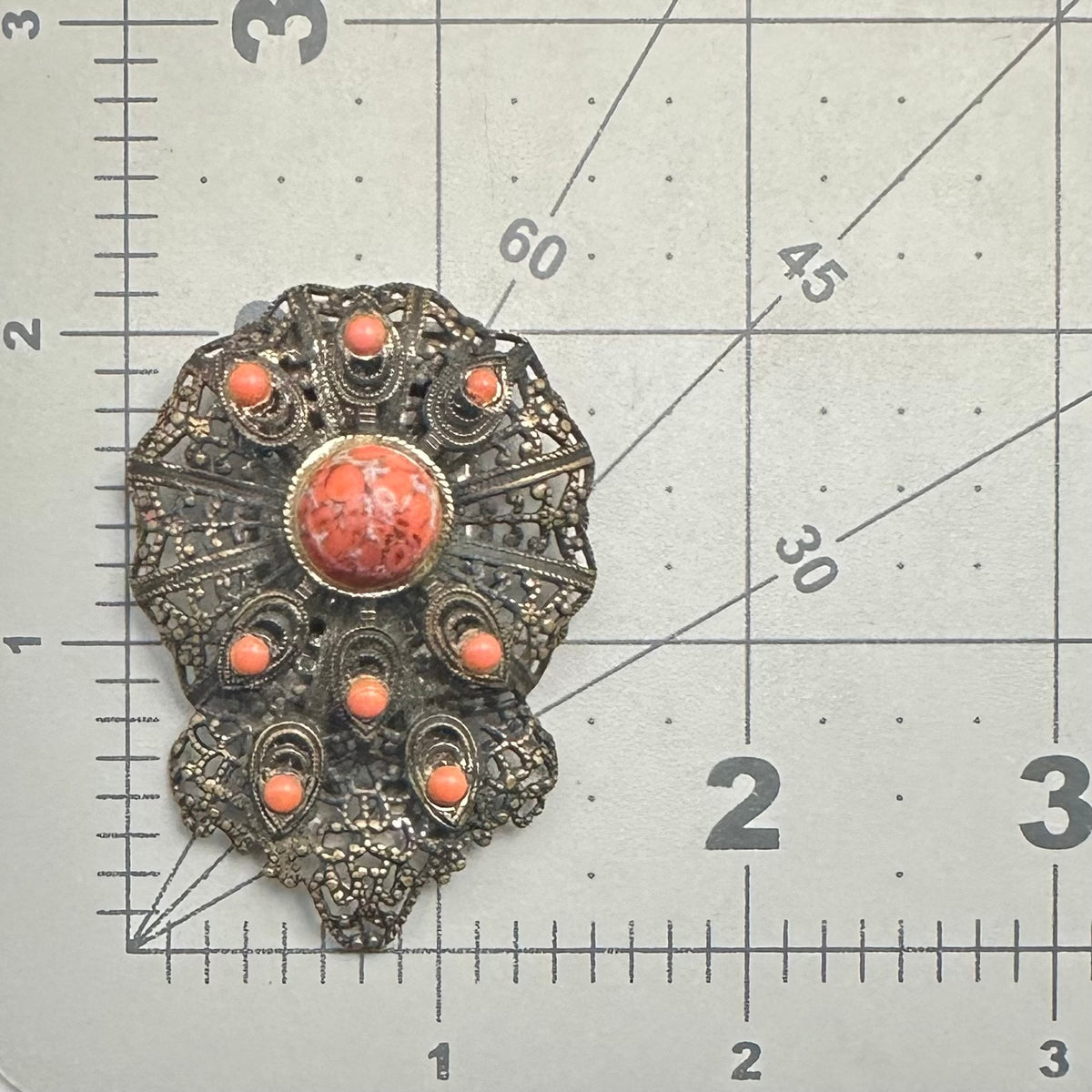 Antique Art Deco brass filigree orange art glass cabochons dress clip