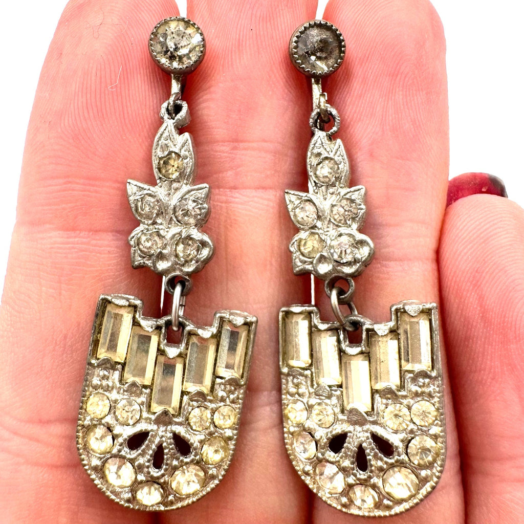 Antique Art Deco silver tone Czech glass rhinestones drop screw back earrings