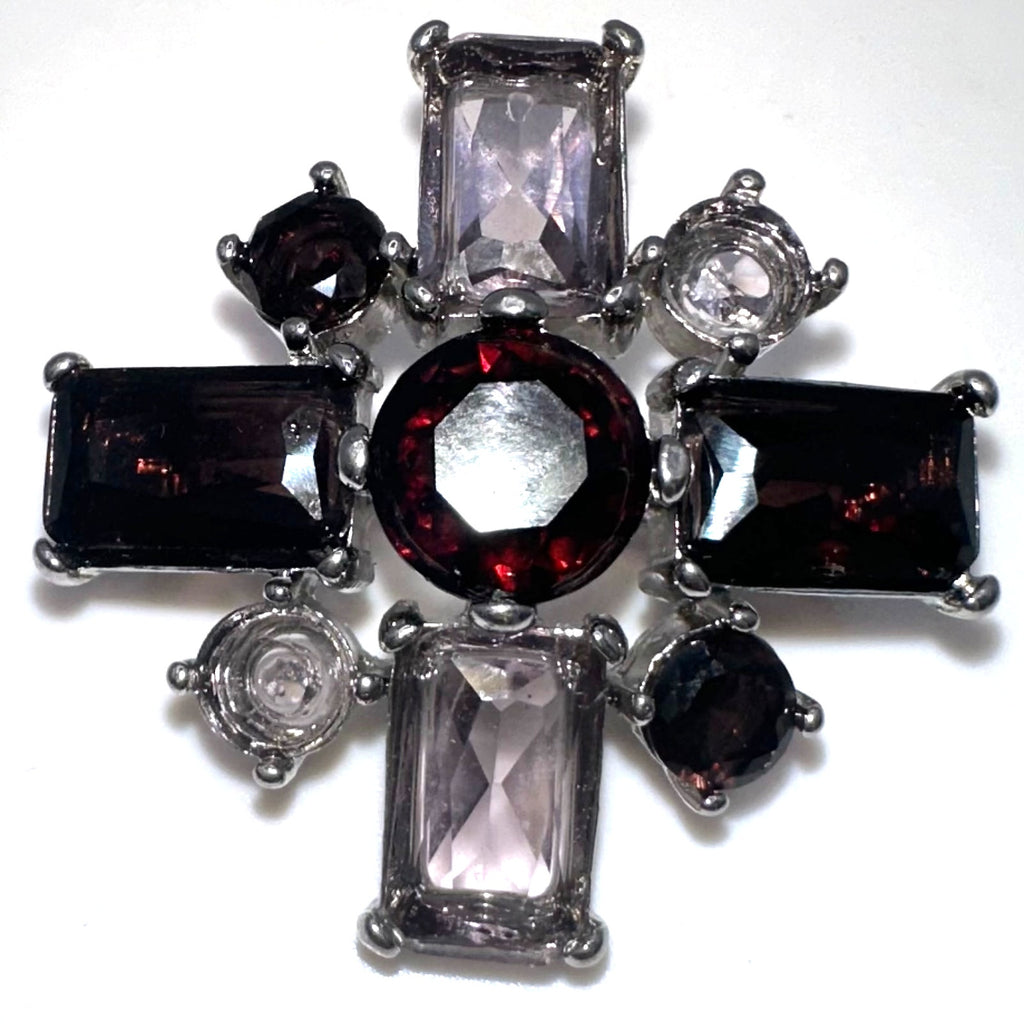 Vintage silver tone rhodium plated purple rhinestones Maltese cross brooch