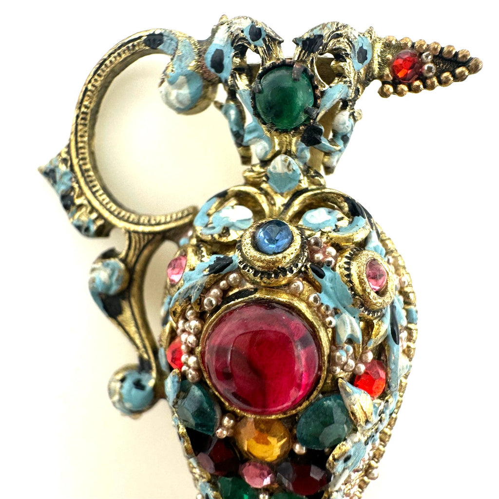Czechoslovakia antique Art Deco multicolor rhinestones cabochons pitcher brooch