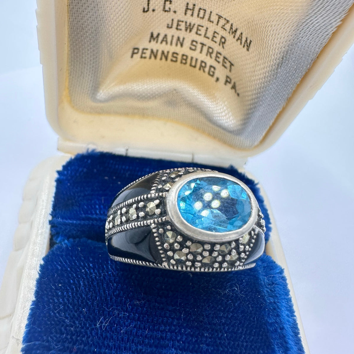 Vintage sterling silver genuine blue topaz marcasite black enamel ring 6