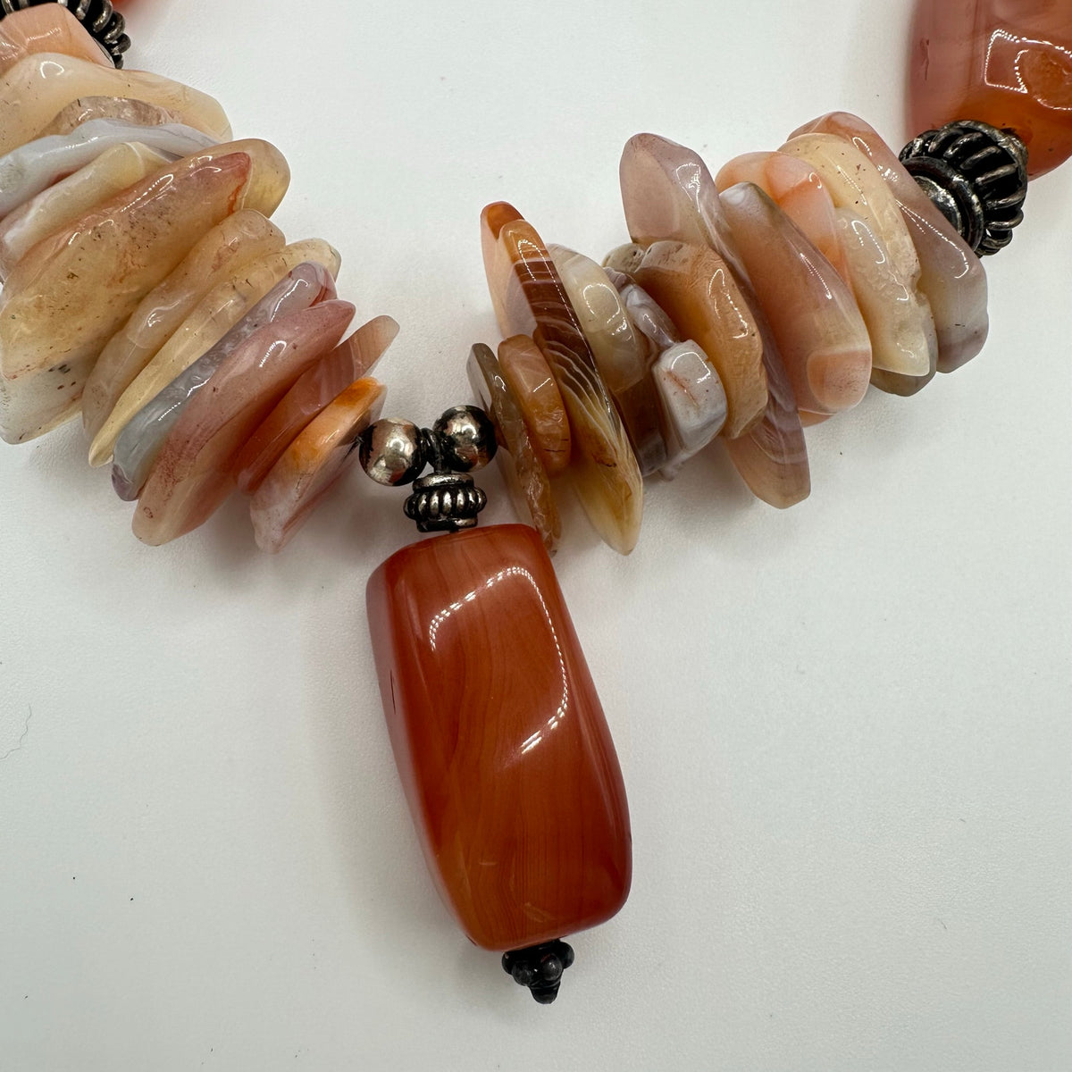 Vintage 925 sterling silver genuine carnelian agate beads beaded necklace 160g