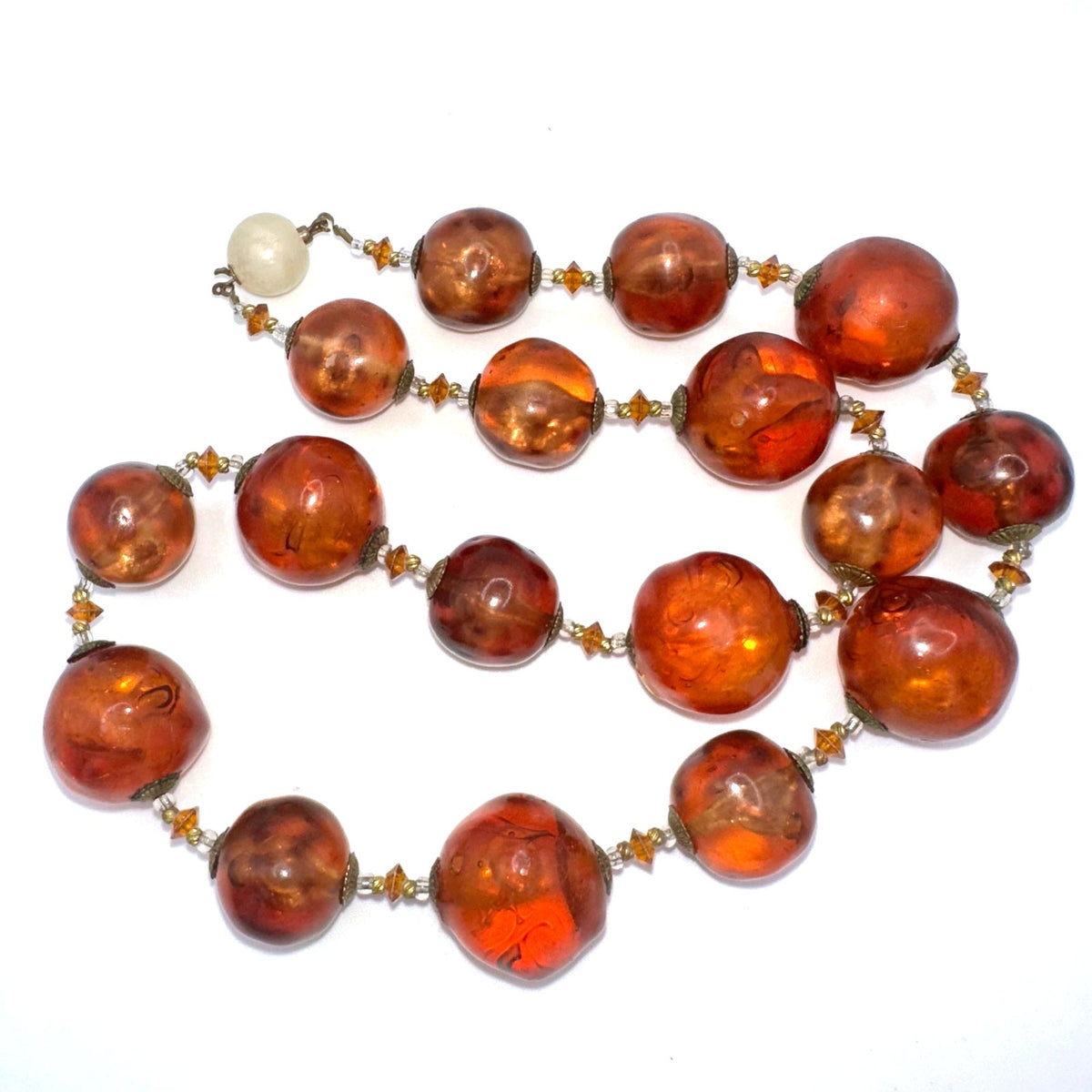 Antique 1920s 1930s Art Deco faux amber large lucite beads beaded 21" necklace