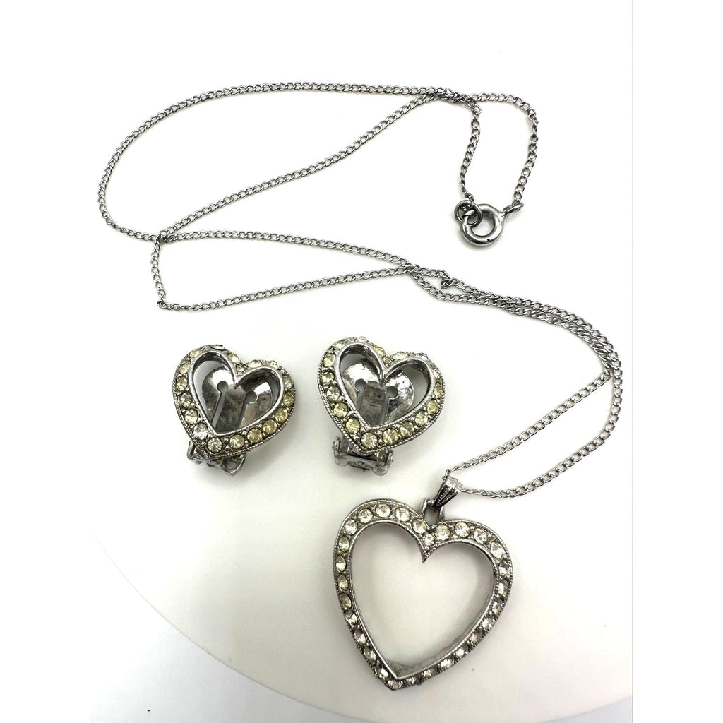 Bogoff vintage silver tone clear rhinestones heart necklace clip on earrings set