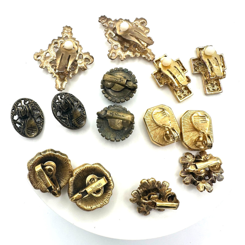 Bundle jewelry lot 7 pairs vintage gold tone clip on earrings 1928 Trifari Monet