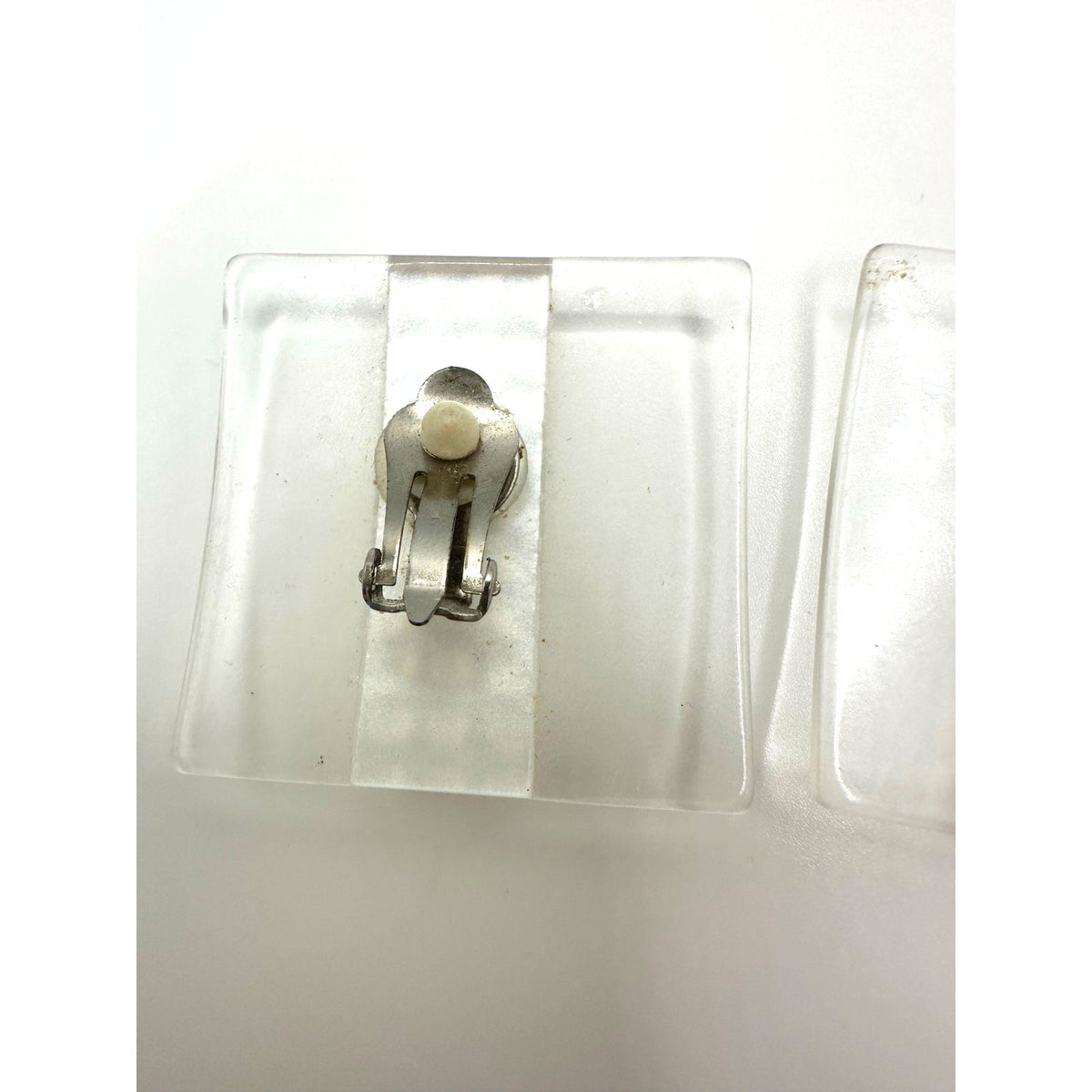 Vintage large 1.5" square clear white silver tone dotted lucite clip on earrings