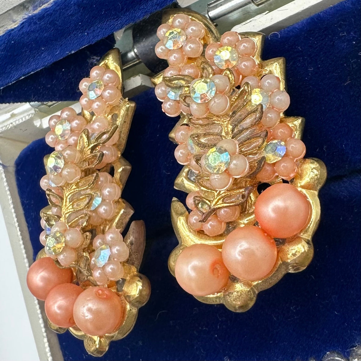 Vintage gold tone AB rhinestones faux pink coral pearl clusters clip on earrings