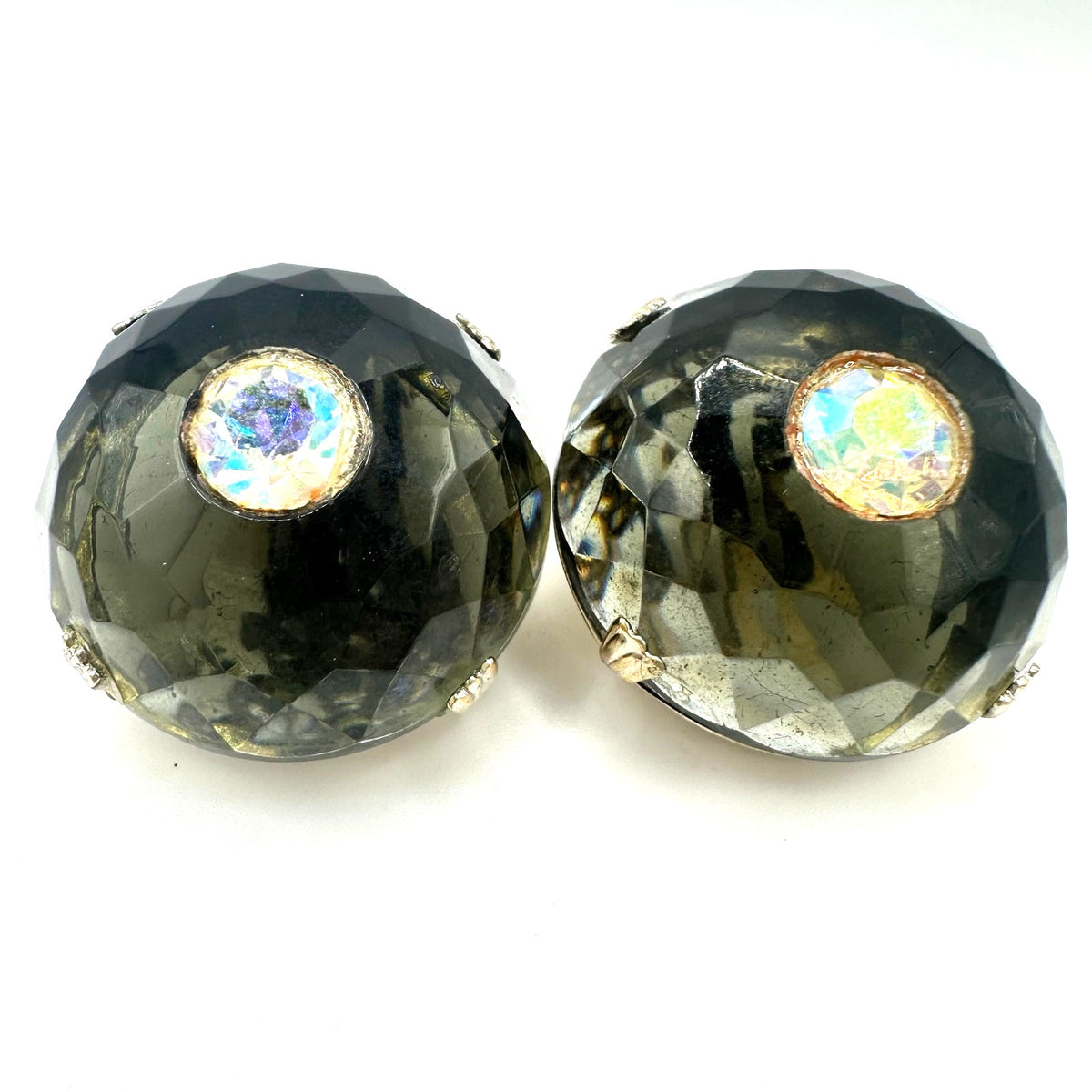Vintage gold tone massive domed gray glass rhinestones AB clip on earrings