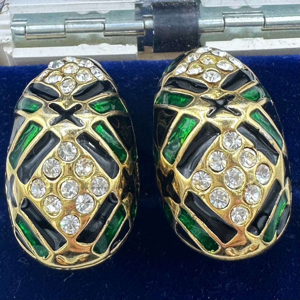 1980s vintage gold tone clear rhinestones black green enamel half hoops earrings