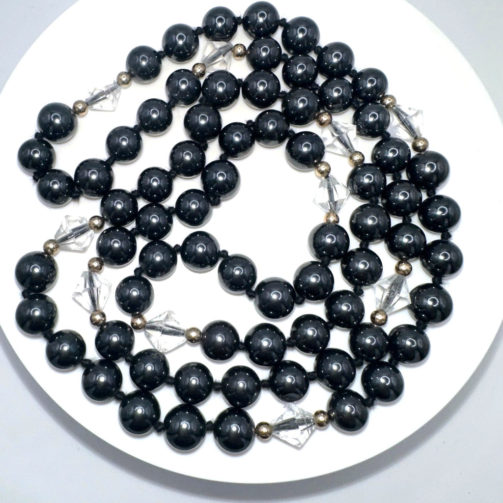 Silver semiprecious hematite clear glass 8mm beads beaded hand knotted necklace