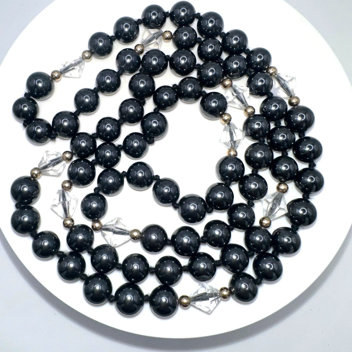 Silver semiprecious hematite clear glass 8mm beads beaded hand knotted necklace