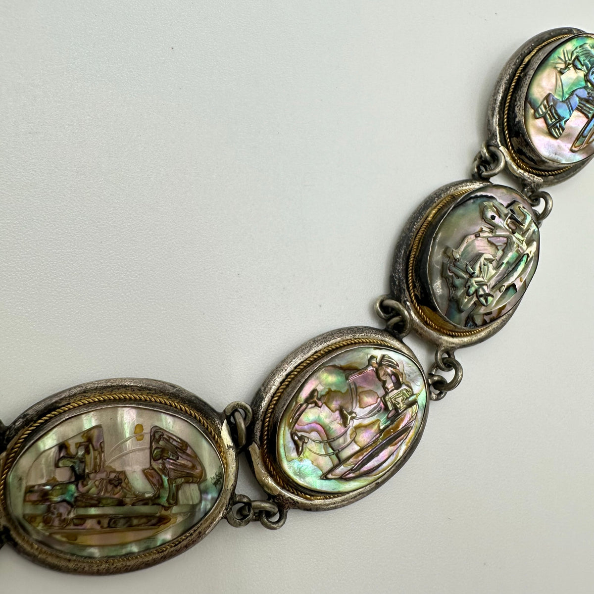 Vintage 800 silver carved genuine abalone shell cameos panel 7.25" bracelet
