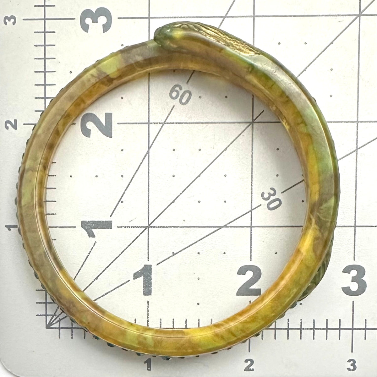 Antique Art Deco yellow celluloid green Czech rhinestones snake bangle bracelet