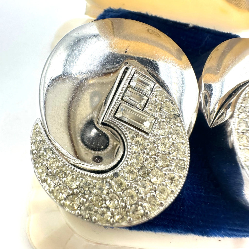 Art Deco 1980s vintage silver tone clear rhinestones statement post earrings