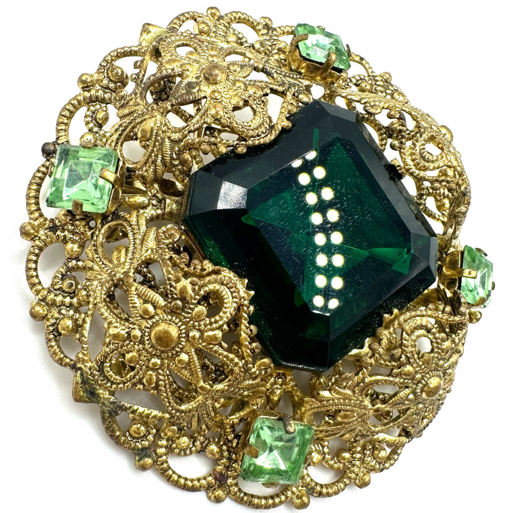 Vintage 1950s gold tone filigree massive emerald light green rhinestones brooch
