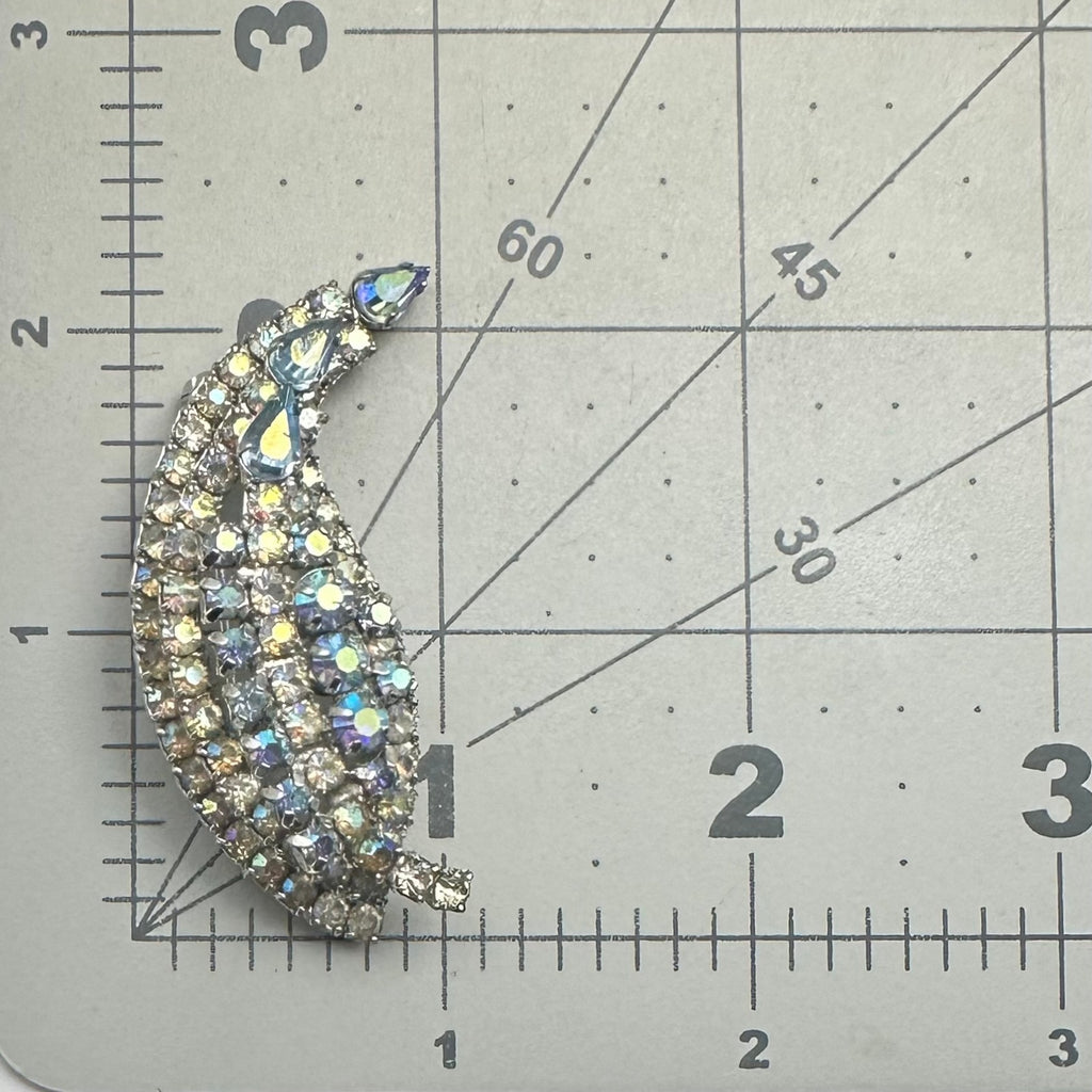 Jay Flex signed vintage sterling silver clear blue AB rhinestones paisley brooch