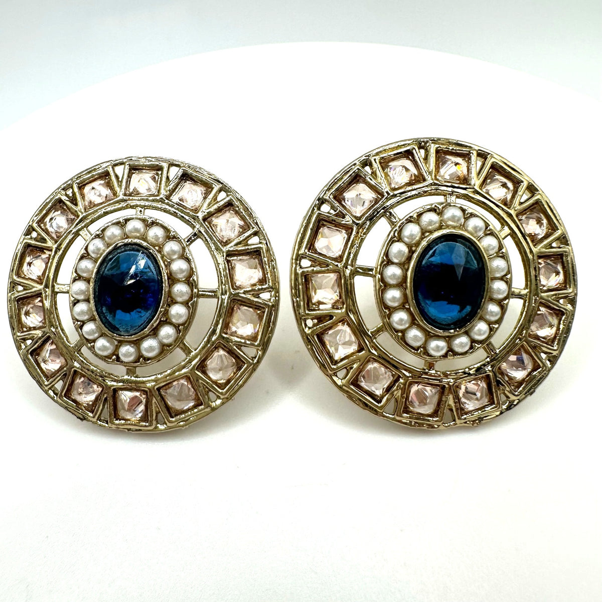 Gold plated blue champagne cubic zirconia CZ faux seed pearls post earrings