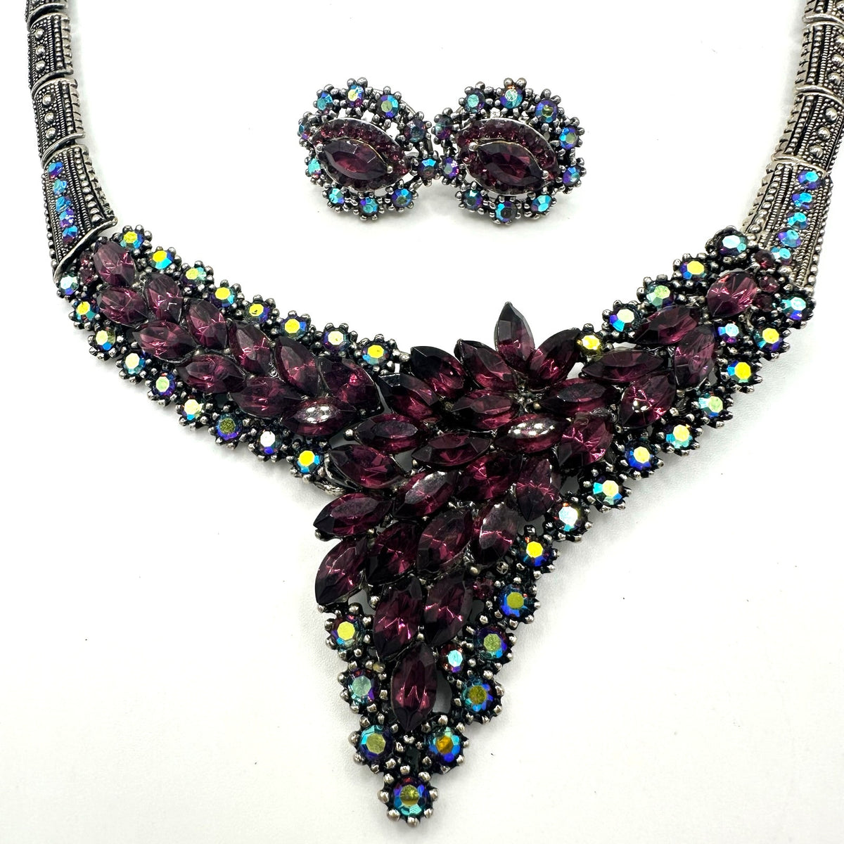 Modern fashion silver tone purple aurora borealis rhinestones necklace earrings
