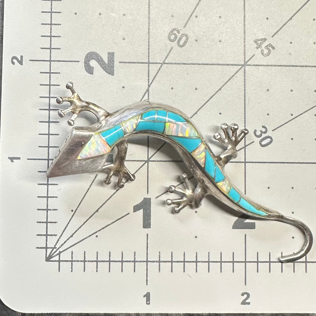 Native American sterling silver fire opal turquoise inlay lizard brooch pendant