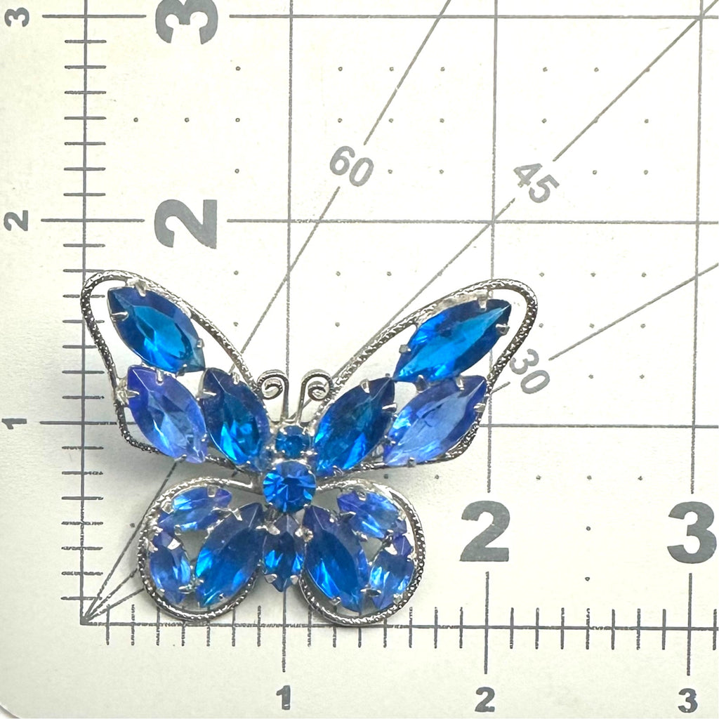 Vintage silver tone royal cobalt blue unfoiled rhinestones butterfly brooch