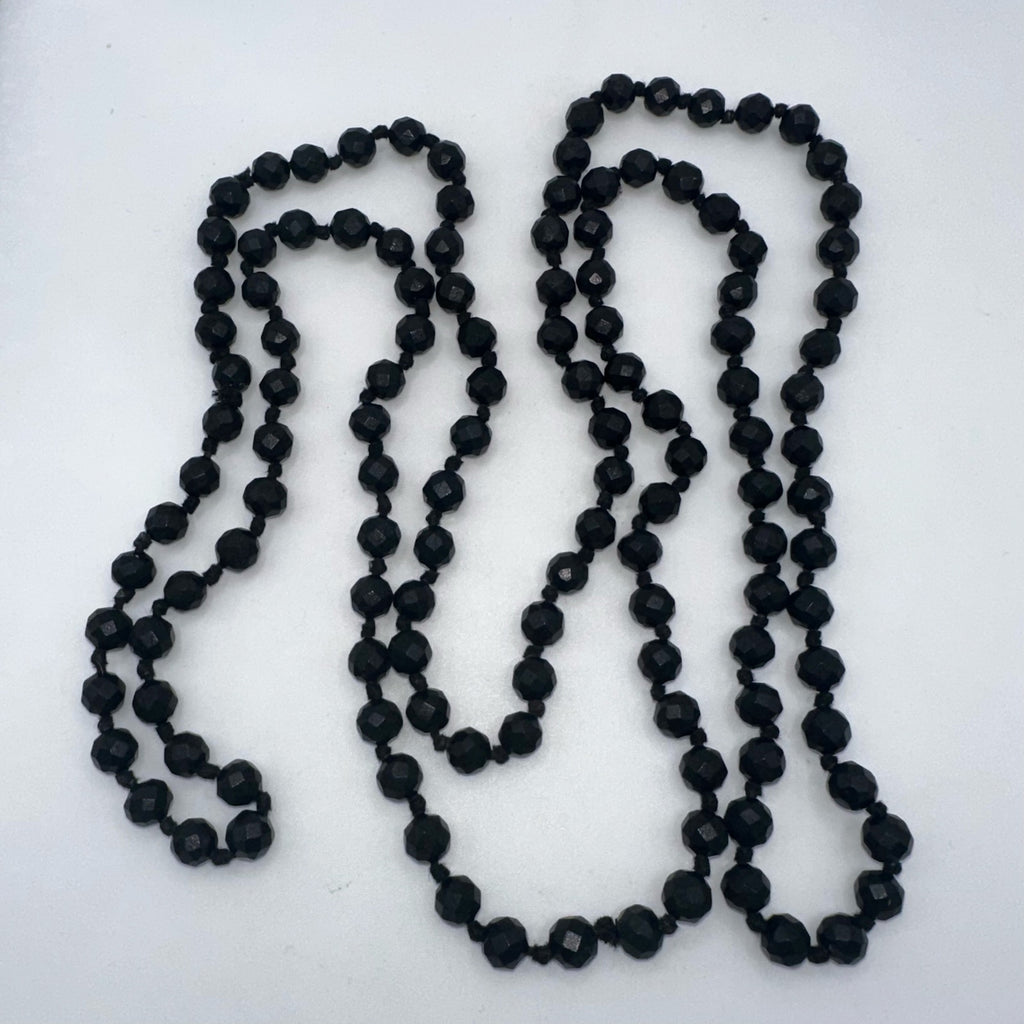 Antique Victorian 1800s black faceted vulcanite beaded 58” mourning necklace