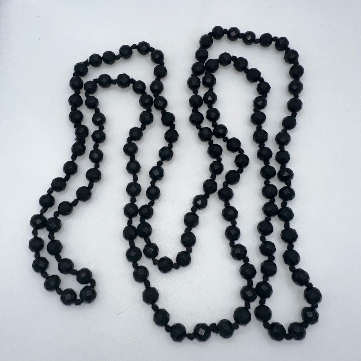 Antique Victorian 1800s black faceted vulcanite beaded 58” mourning necklace