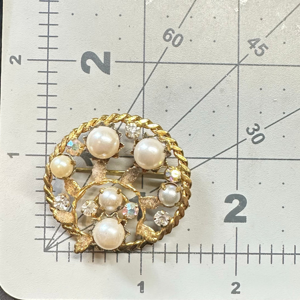 Austria 1950s gold tone aurora borealis AB clear rhinestones faux pearls brooch