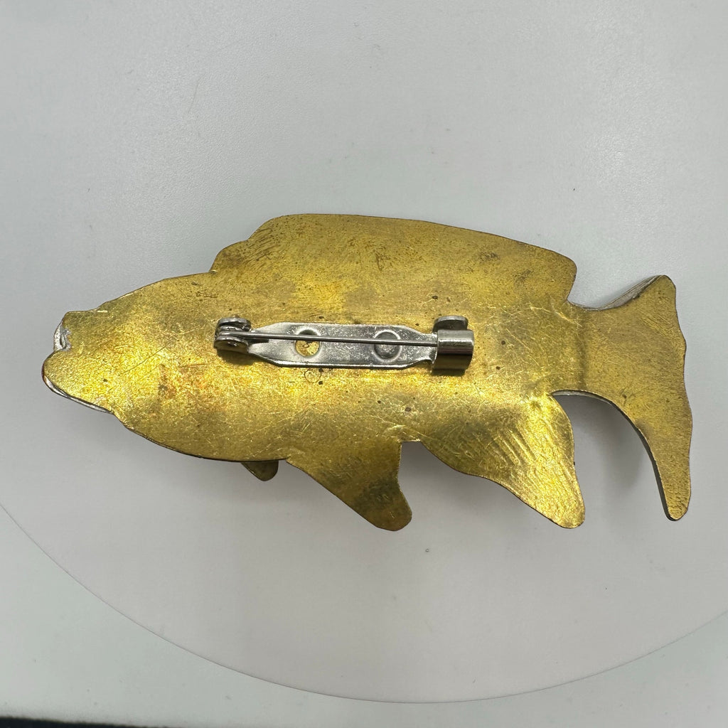 Vintage copper brass gold silver tone handmade modernist fish figural brooch