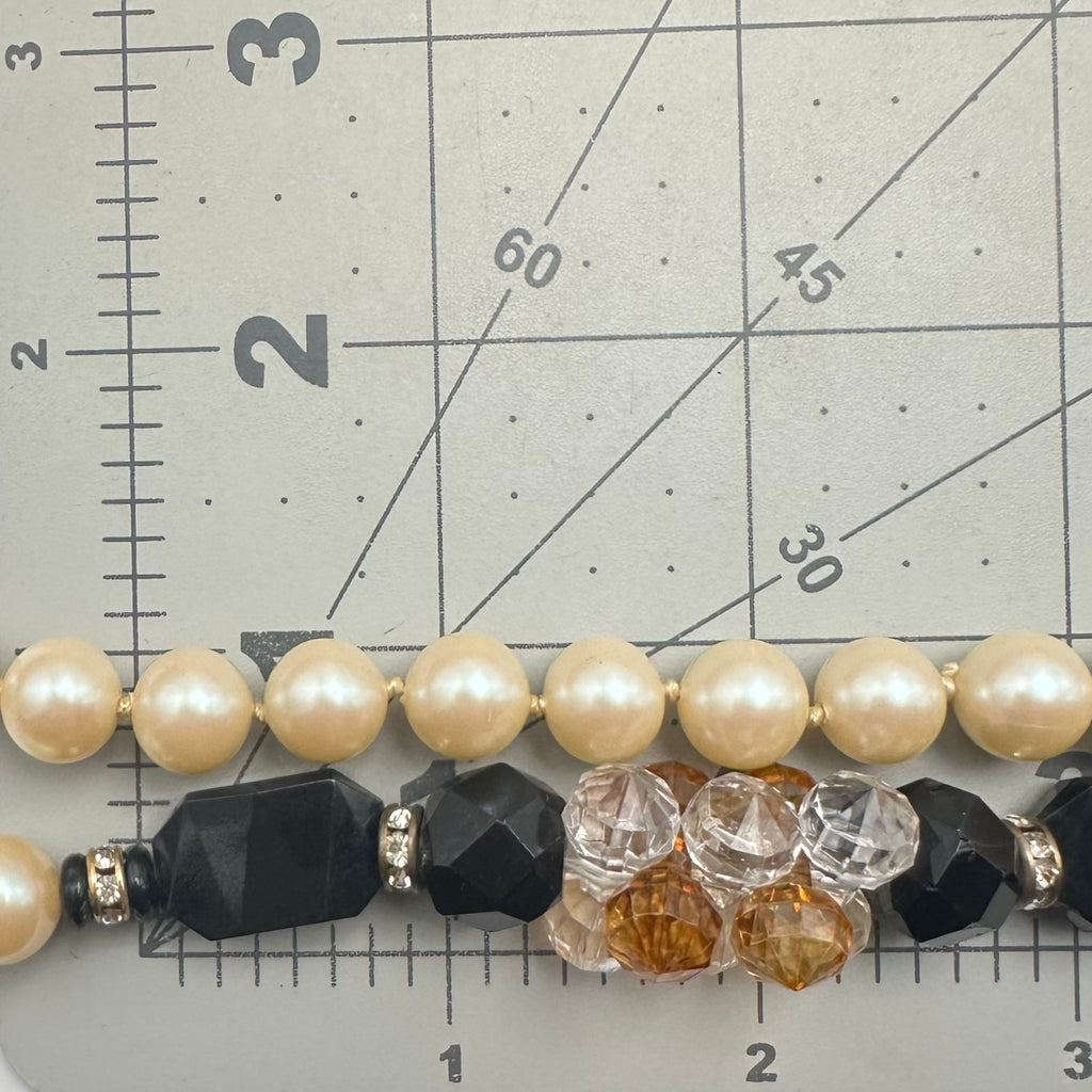 Vintage glass faux pearls black clear lucite beads beaded 32" necklace