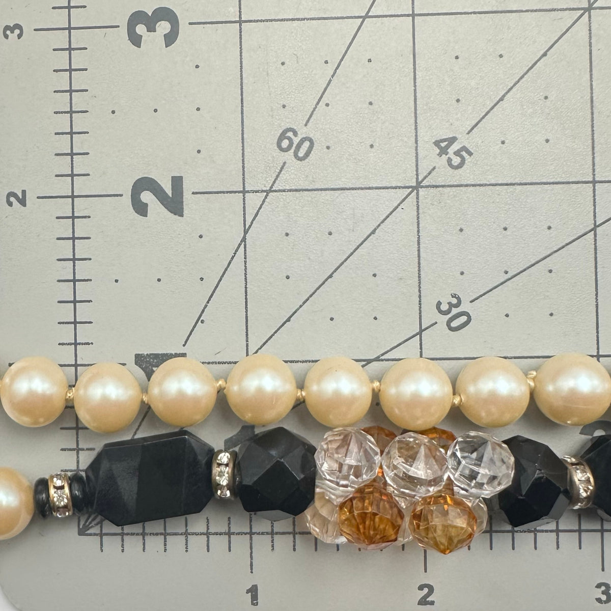 Vintage glass faux pearls black clear lucite beads beaded 32" necklace