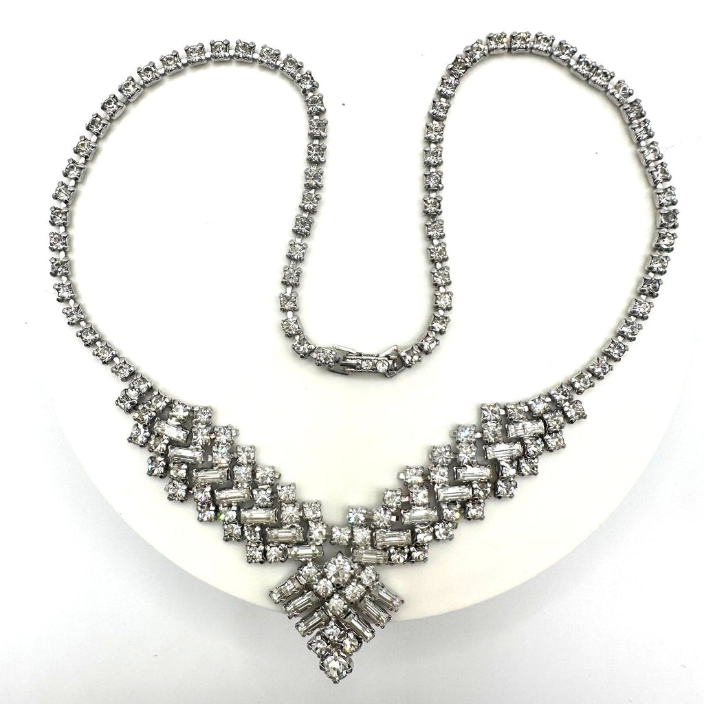 1950s vintage silver tone clear glass rhinestones pointed V swag necklace