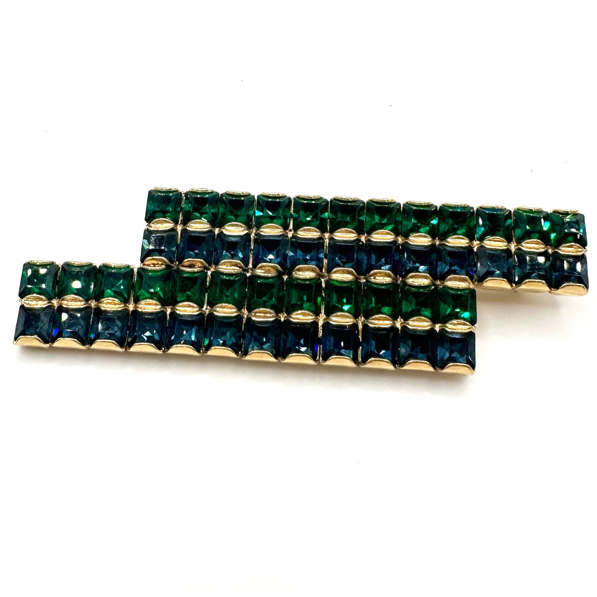 Vintage gold tone emerald green blue square rhinestones geometric bar brooch