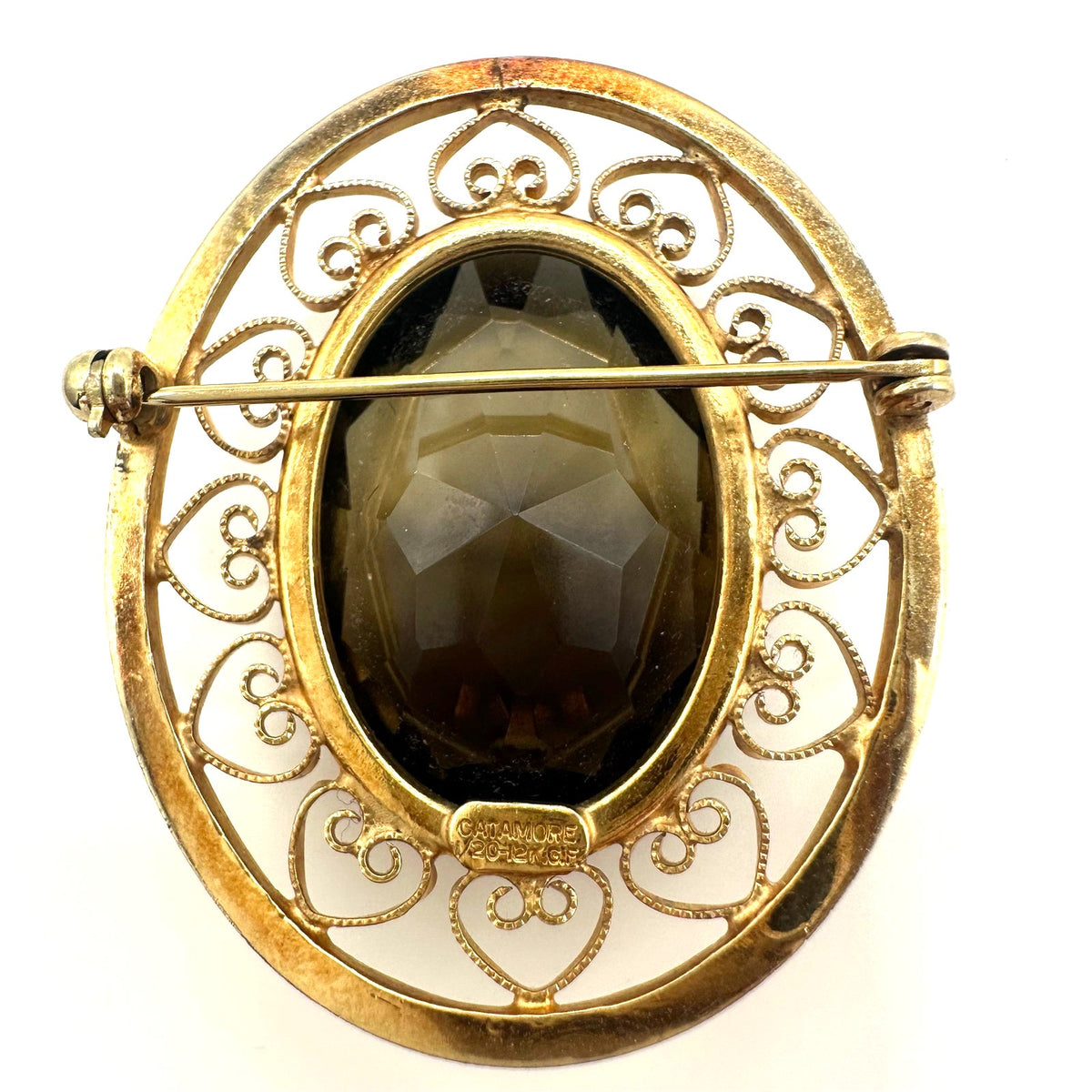 Catamore vintage 12kt yellow gold filled genuine 27.43ct smoky quartz brooch