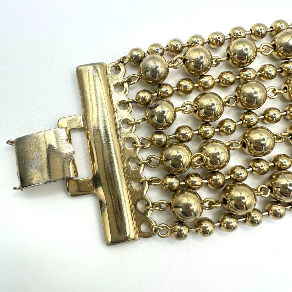 Vintage gold tone chunky 9 strand beaded metal ball chains statement bracelet
