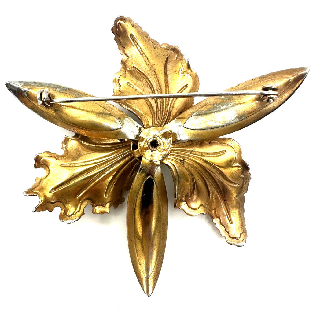 Vintage gold tone purple clear rhinestones large 3D iris flower brooch