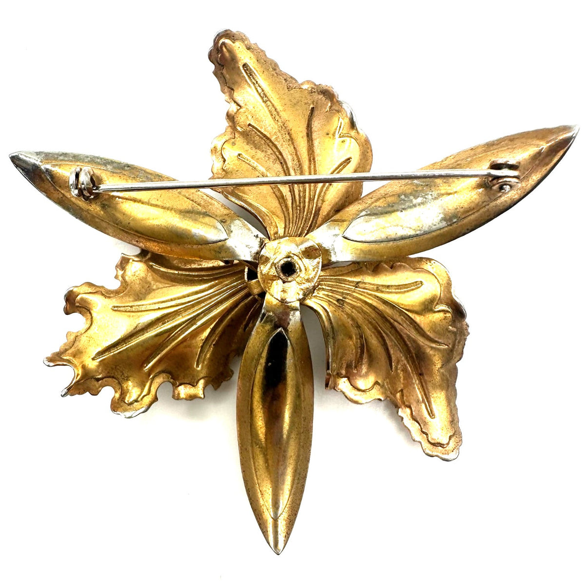 Vintage gold tone purple clear rhinestones large 3D iris flower brooch