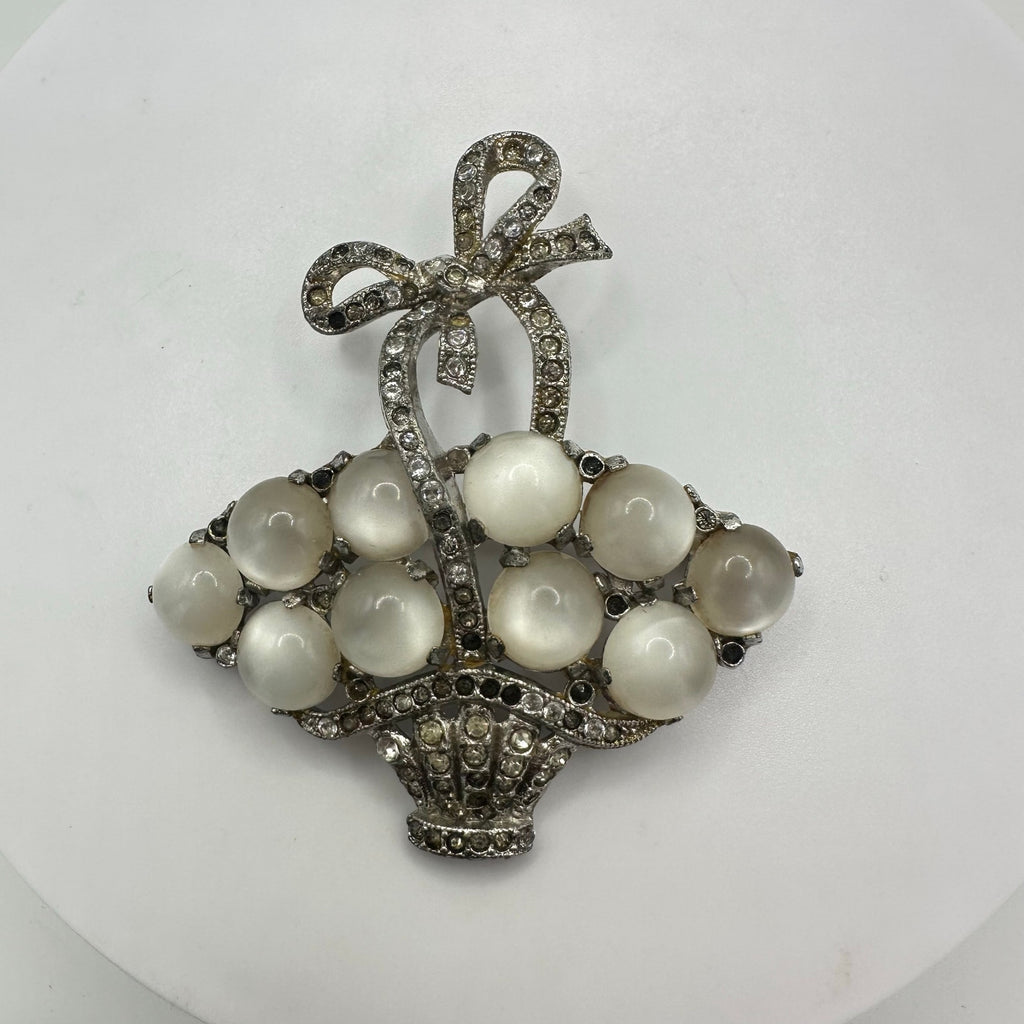 Coro 1941 silver rhodium plated white moonglow lucite rhinestones basket brooch