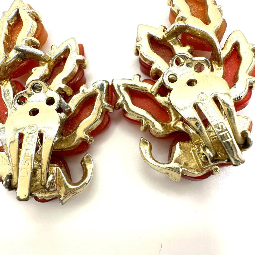 Lisner vintage gold tone red orange thermoset lucite leaf clip on earrings