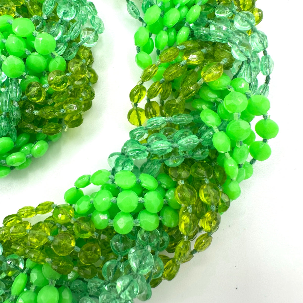 Hong Kong vintage 40" multi strand braided green lucite beads beaded necklace