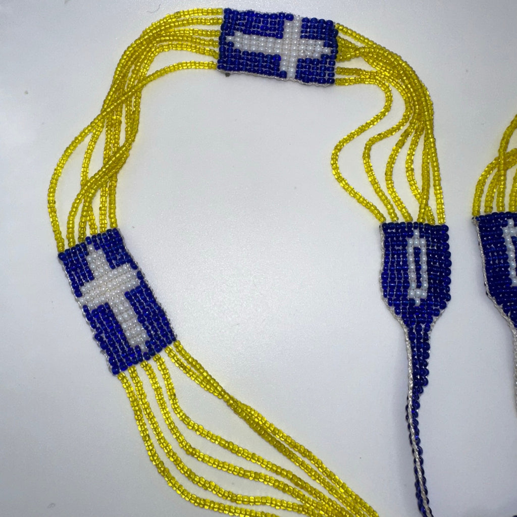 Antique Art Deco 1920s handmade yellow blue glass beaded crosses tassel necklace